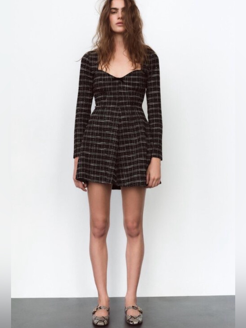 Zara Black Plaid Long-Sleeve Mini Dress